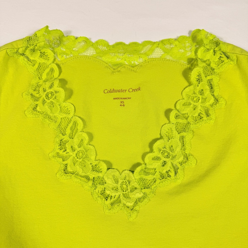 Coldwater Creek Womens XS Bright Yellow Green Lace V-Neck Tank Top Sleeveless - Picture 3 of 11